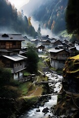 Immerse yourself in the realistic charm of a traditional mountain village, where time seems to stand still, Generative AI
