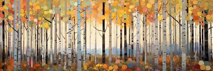 Abstract colorful geometric illustration of birch trees, birch tree forest, panoramic or landscape aspect ratio. Generative AI.
