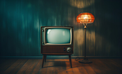 Old, retro tv in empty room at night with copy space - obrazy, fototapety, plakaty