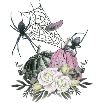 Watercolor Halloween template, vintage illustration. Collection of black and pink Halloween. Hand drawn illustration