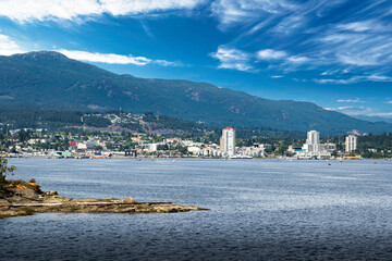 City of Nanaimo Skyline overlooking island mountains along the West Coast in British Columbia Canada.