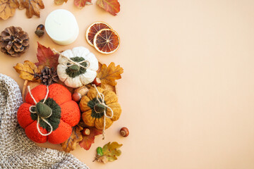 Autumn decorations. Knitted pumpkins, leaves, candle and others on color background. Home decor.