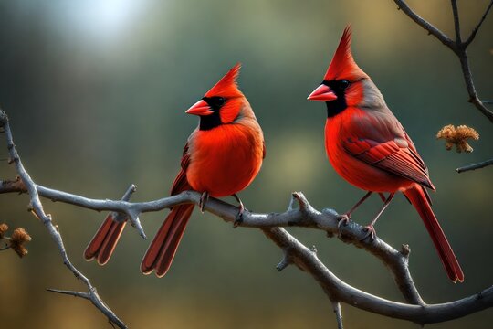 Northern Cardinal Male and Female Perched on Branch in Early Spring in Louisiana in St. Landry Parish