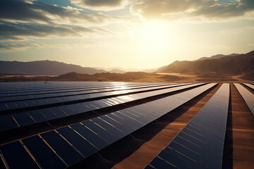 Solar panels out in the desert with mountain range in the background
