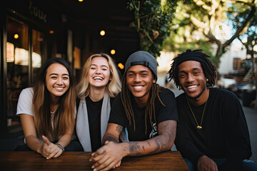 Group of young men and women out at night talking and laughing