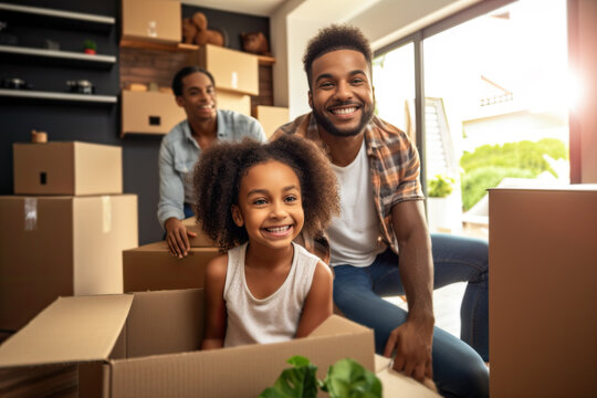 African American family men and child packing or unpacking boxes moving day