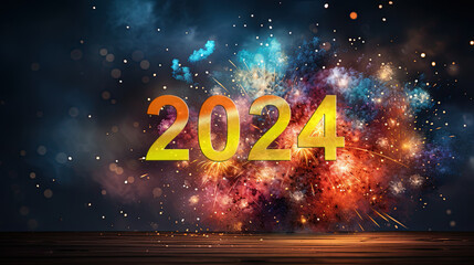 Fototapeta na wymiar Happy New Year 2024. Beautiful holiday background and happy holidays card with fireworks
