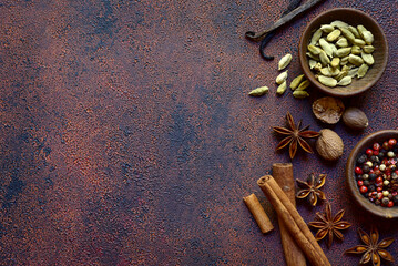 Variety of winter spices . Top view with copy space.