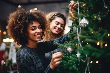 Two joyful women smiling and decorating Christmas tree. Couple of LGBT women preparing for New Year together.