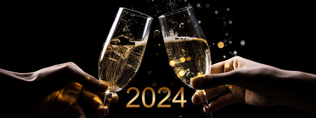 Happy New Year 2024 greeting card with cheers Champagne sparkling wine glasses toasting
