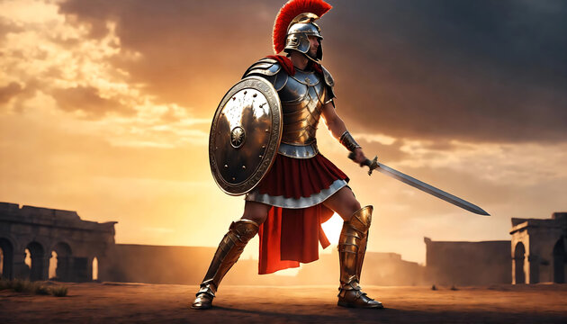  Roman male legionary (legionaries) wear helmet with crest, gladius sword and a scutum shield, heavy infantryman, realistic soldier of the army of the Roman Empire, on Rome background. Generative ai
