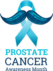 Prostate cancer awareness ribbon with moustaches. Men health logo. Man cancer prevention in November month. Blue color concept. Engraved 3d cartoon vector illustration isolated on white background