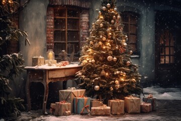 Decorated Christmas tree and gifts around it dot courtyard of old house. Winter New Year holidays