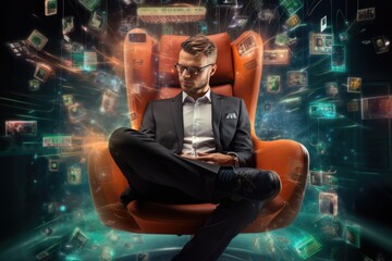 Young businessman sits in chair around glowing neon lights. Concept of future using artificial intelligence.