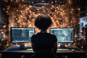 High tech office illustration. A woman sits in front of a computer. Artificial intelligence and human interaction.