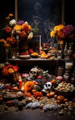 Altar in honor of the Day of the Dead, commemoration of the deceased - obrazy, fototapety, plakaty