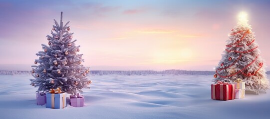 Two decorated New Year trees on a wide snow-covered field. Place for text. Banner. Christmas New Year holiday theme