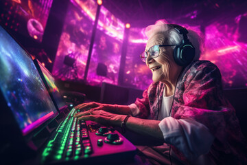 Fototapeta na wymiar Satisfied grandmother gamer in headphones sits in front of the monitor in the ultraviolet rays