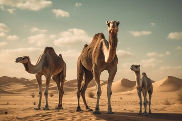 Three camels in the desert. Dune travel concept