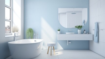 Interior of modern luxury scandi bathroom with window and white walls. Free standing bathtub, wall-mounted vanity with sink, round wall mirror. Contemporary home design. 3D rendering.
