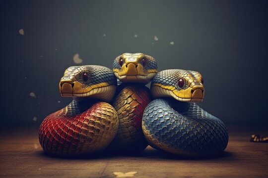 Illustration image of three snake heads and multi-colored snakes on a dark background
