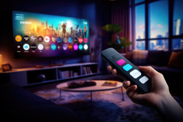 A hand holds a streaming service with a remote control against the background of a TV with a choice of streaming services - obrazy, fototapety, plakaty