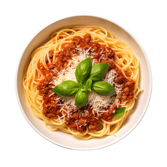Top-down view of a mouth-watering spaghetti Bolognese, with a rich and flavorful meat sauce, topped with grated parmesan cheese and fresh basil leaves, isolated on a white background.
