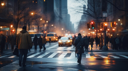 people walking through a street of a city