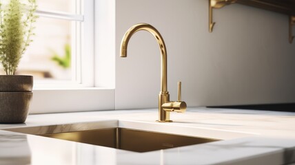 Fragment of a modern luxury kitchen. Marble countertop with built-in sink and gold faucet. Window in the background. Close-up. Contemporary interior design. 3D rendering. - obrazy, fototapety, plakaty