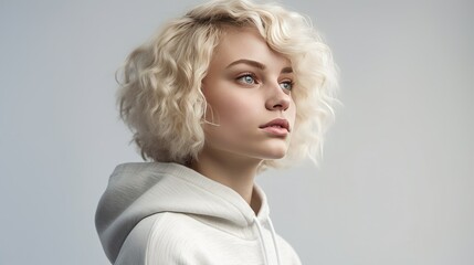 Beautiful blonde young woman with curly bleached blond hair wearing white sweater on a white background. generative AI