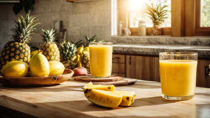 Glasses with fresh mango juice, pineapple on kitchen background