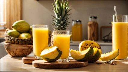 Glasses with fresh mango juice, pineapple on kitchen background