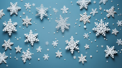 Snowy background with snowflakes. Flat lay.