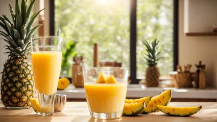 Tuinposter Glasses with fresh mango juice, pineapple on kitchen background © tanya78