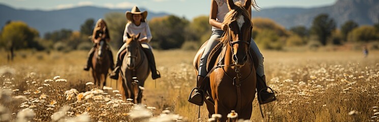 Horseback riding, family active recreation. Horse racing and goloping as entertainment. Tourism and entertainment by the lake. Even-toed ungulates and people relax in nature. Recreational activities