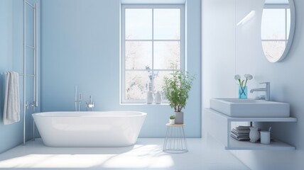 Fototapeta na wymiar Interior of modern luxury scandi bathroom with window and white walls. Free standing bathtub, wall-mounted vanity with sink, round wall mirror. Contemporary home design. 3D rendering.