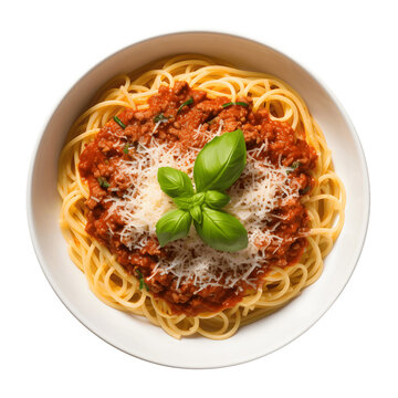 Overhead shot of a stunning spaghetti Bolognese, showcasing the vibrant colors and flavors of the dish, isolated on a white background.
