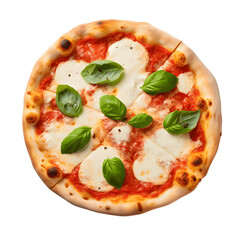 Overhead shot of a classic Margherita pizza, with tomato, mozzarella, and basil, isolated on a white background
