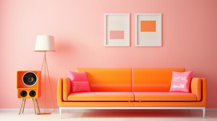 Stylish monochrome interior of modern living room in pastel orange and pink tones. Trendy couch, floor lamp, poster templates. Creative home design. Mockup, 3D rendering.