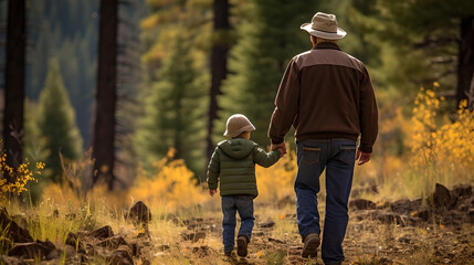 A Walk Through Generations: Grandfather and Child in the Fall Woods - obrazy, fototapety, plakaty