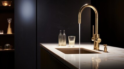Interior of modern minimalist bathroom with white marble countertop and built-in wash basin, golden faucet and bottles with cosmetics. Black matte wall with shelves on the background. Close up. - obrazy, fototapety, plakaty