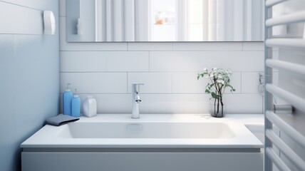 Fragment of a modern luxury bathroom with white tile walls. White countertop sink, chrome faucet, bottles and dispensers, flowers in a vase. Close-up. Contemporary interior design. 3D rendering.