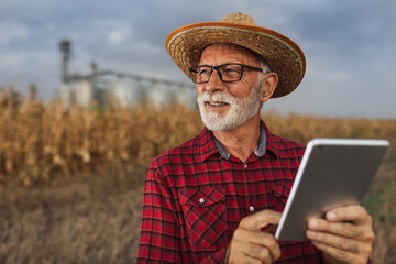 Farmer with tablet in front of grain silos - obrazy, fototapety, plakaty