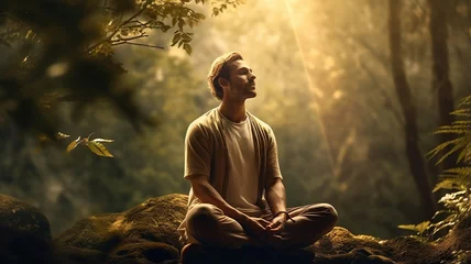 Foto op Canvas young man meditating in the forest © Daniel