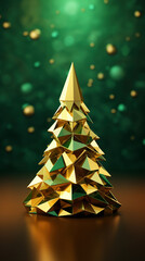 Gold Christmas tree in low poly art on green background. AI Generative