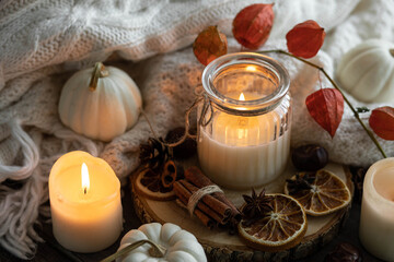 Fototapeta na wymiar Autumn home composition with aromatic candle, dry citrus, cinnamon, anise. Aromatherapy on a grey fall morning, atmosphere of cosiness and relax. Wooden background close up