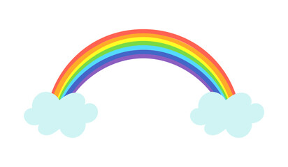 Rainbow between two clouds. Multi-colored arc. Meteorological phenomenon. Weather, climate. Curve with Color Spectrum. Children art. Joy and positivity. Isolated color image. Vector illustration.