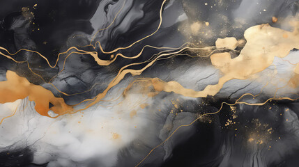 Marble abstract texture, Alcohol ink painting, black, white golden color cracks.