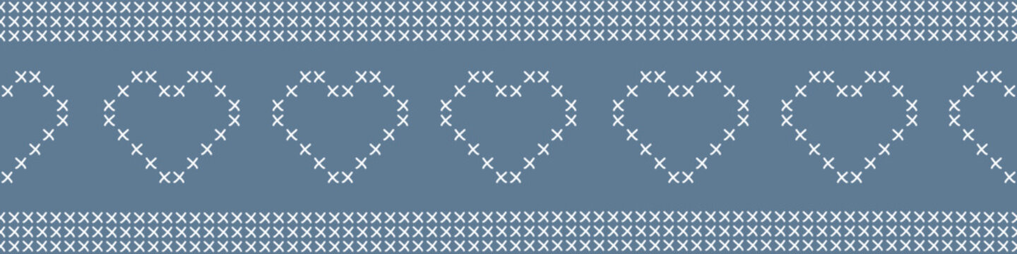 Cross stitch or knitting seamless border with hearts, vector