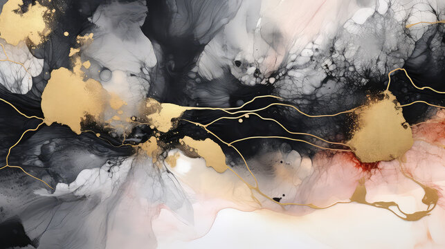 Marble abstract texture, Alcohol ink painting, black, white golden color cracks.